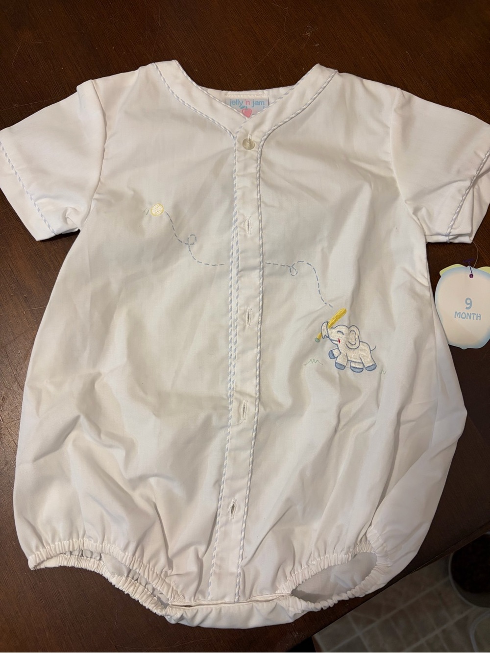 Jelly in Jam Vintage White Baby Romper with Elephant Embroidery
